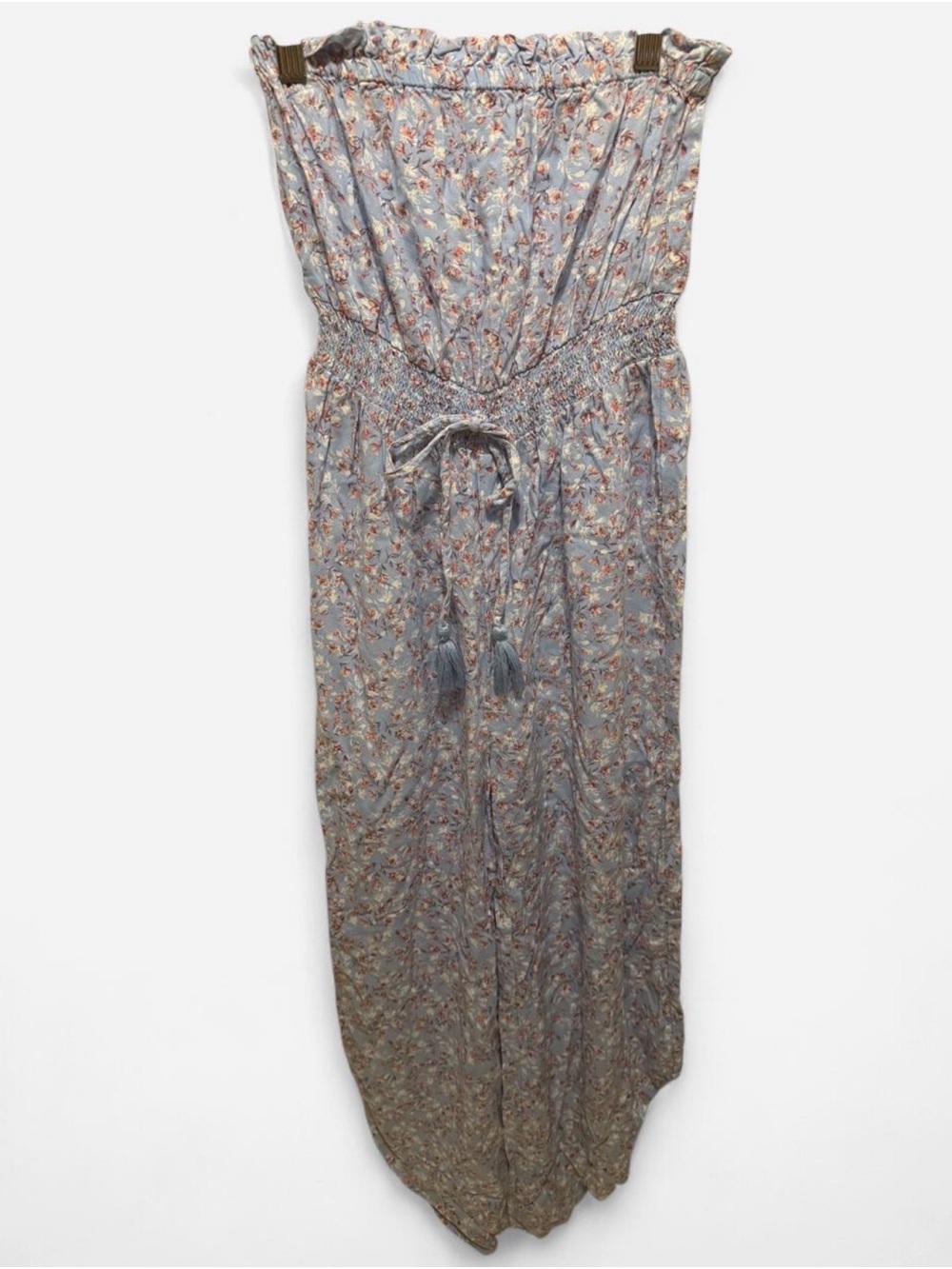 Japna Strapless Floral Romper in Light Blue and Coral